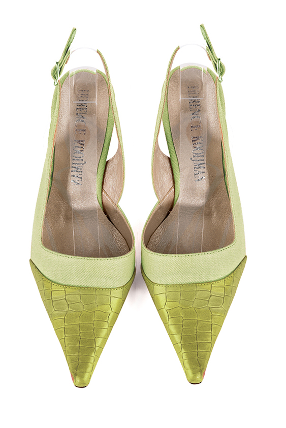 Pistachio green women's slingback shoes. Pointed toe. High spool heels. Top view - Florence KOOIJMAN